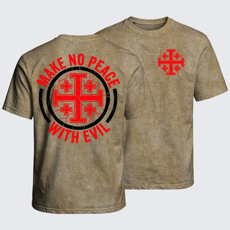 Washed T-Shirt - Make No Peace with Evil Knight Templar Jerusalem Cross - Khaki (front and back)