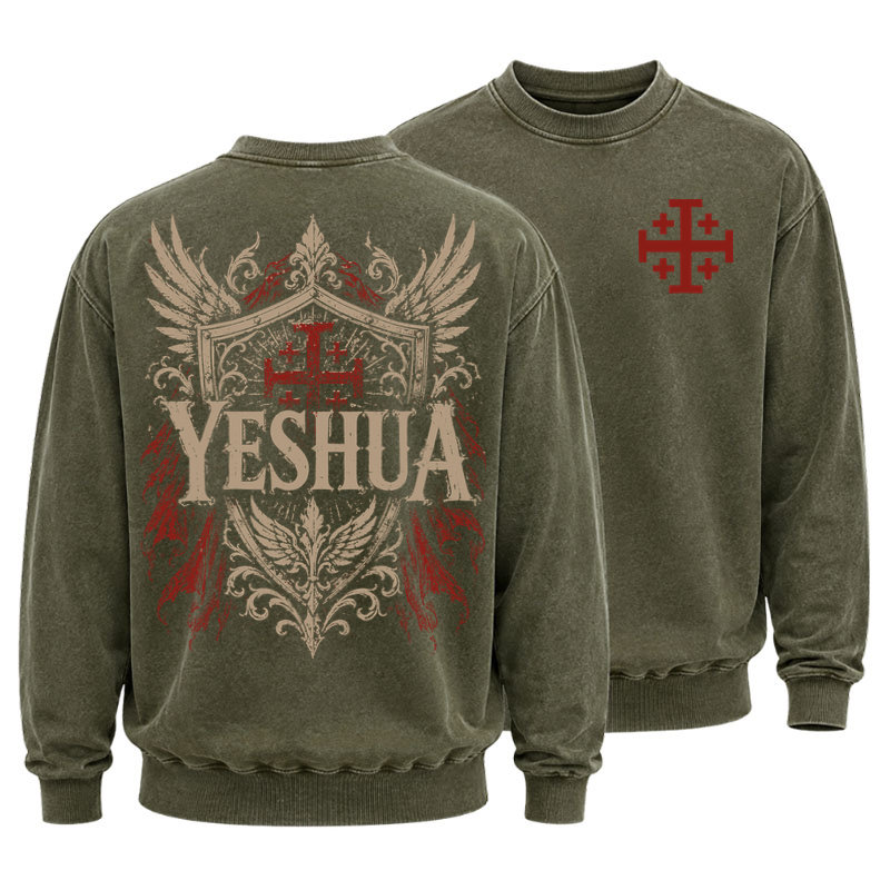 Washed Sweatshirt - Yeshua – King of Kings - Army Green (front and back)