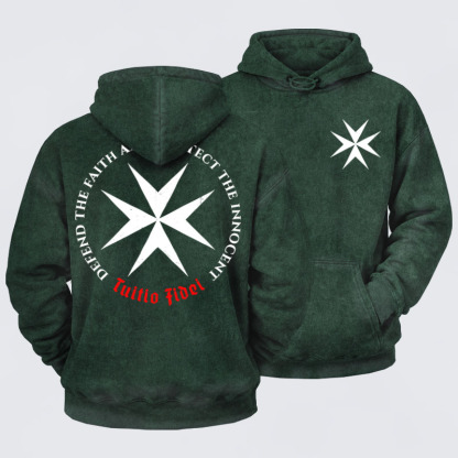 Washed Hoodie - Defend the Faith, Protect the Innocent Christian Knighti – Tuitio Fide - Forest green (front and back)