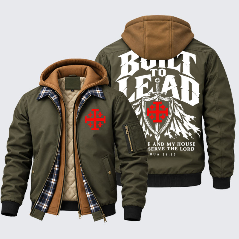 Hooded Bomber Jacket - Built To Lead – As for Me and My House – Joshua 24:15 - Army Green (front and back)