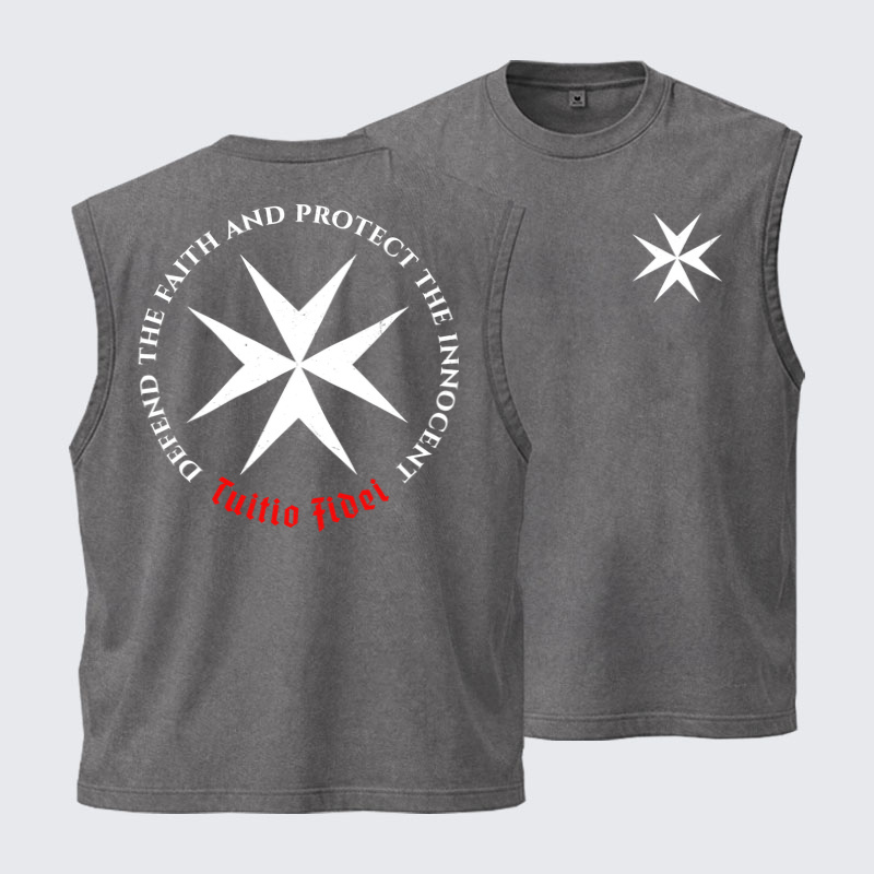 Washed Tank Top - Defend the Faith, Protect the Innocent Christian Knighti – Tuitio Fide - Grey (front and back)