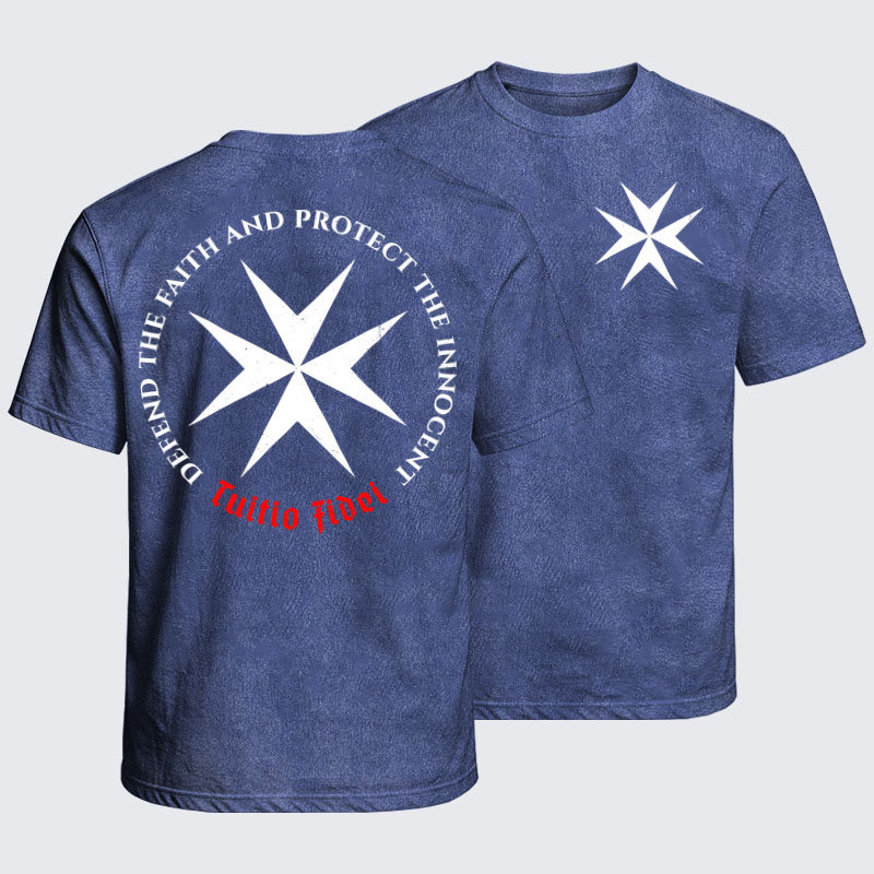 Washed T-Shirt - Defend the Faith, Protect the Innocent Christian Knighti – Tuitio Fide - Royal Blue (front and back)
