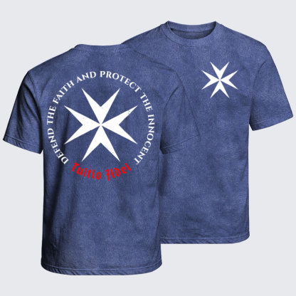 Washed T-Shirt - Defend the Faith, Protect the Innocent Christian Knighti – Tuitio Fide - Royal Blue (front and back)