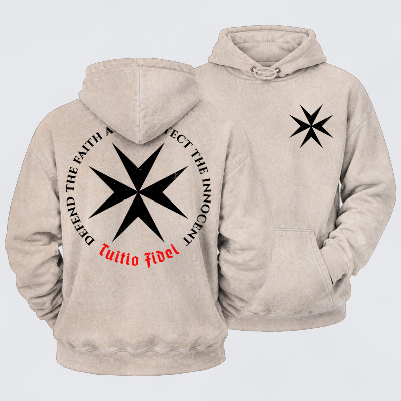 Washed Hoodie - Defend the Faith, Protect the Innocent Christian Knighti – Tuitio Fide - Beige (front and back)