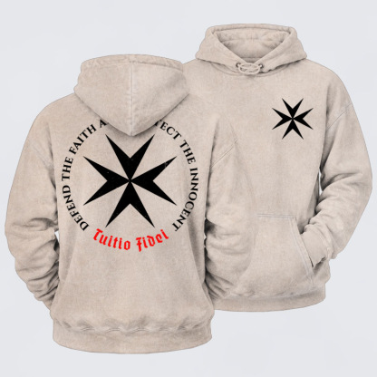 Washed Hoodie - Defend the Faith, Protect the Innocent Christian Knighti – Tuitio Fide - Beige (front and back)
