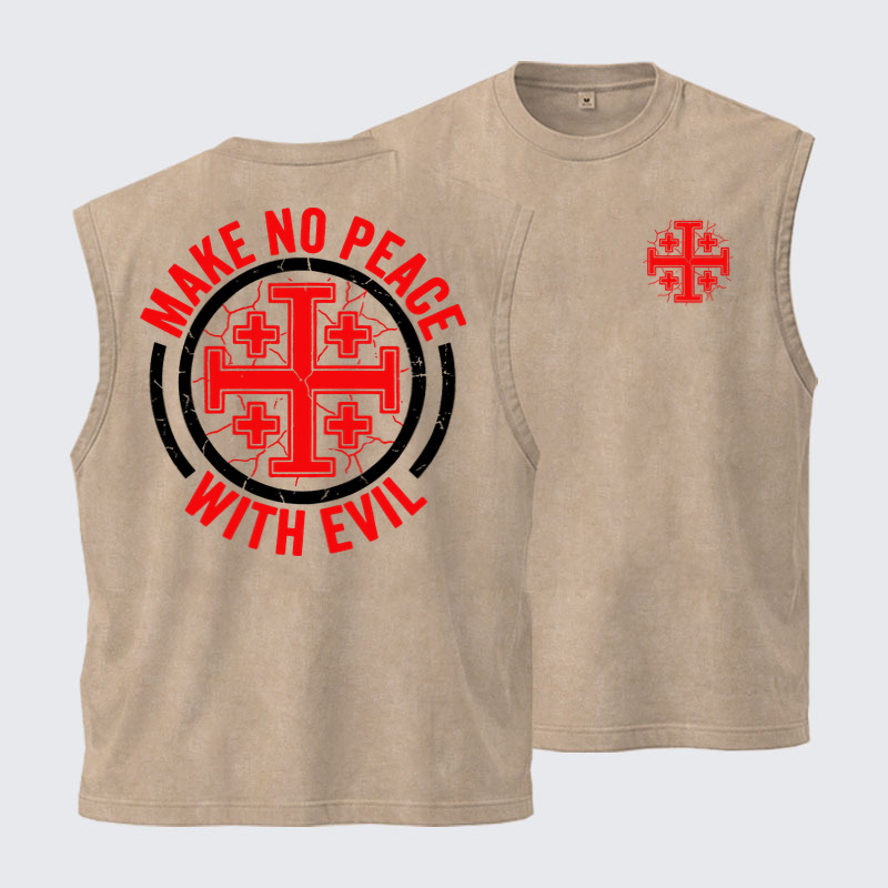 Washed Tank Top - Make No Peace with Evil Knight Templar Jerusalem Cross - Khaki (front and back)