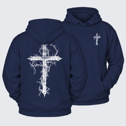 Plush Fleece-Lined Hoodie - Cross - Navy Blue (front and back)