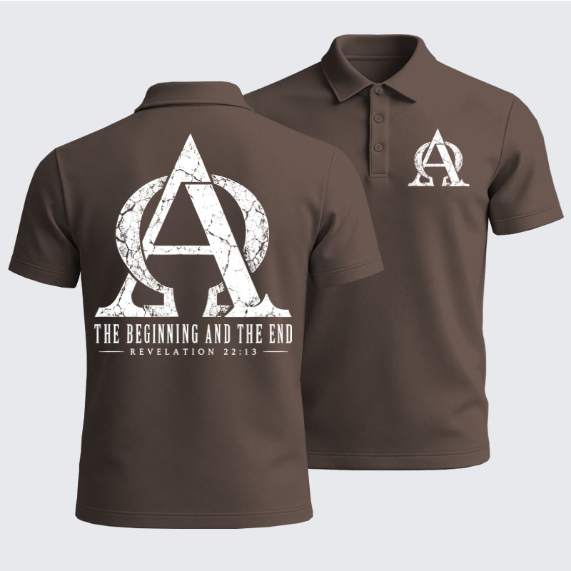 Men’s Premium Cotton Polo Shirt - Alpha & Omega – The Beginning and the End - Coffee (front and back)