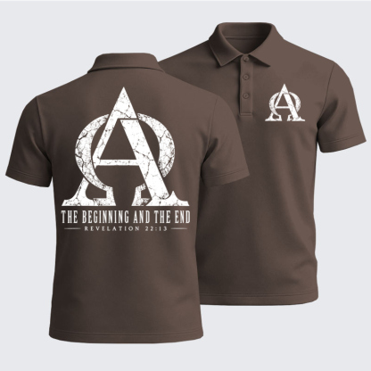 Men’s Premium Cotton Polo Shirt - Alpha & Omega – The Beginning and the End - Coffee (front and back)