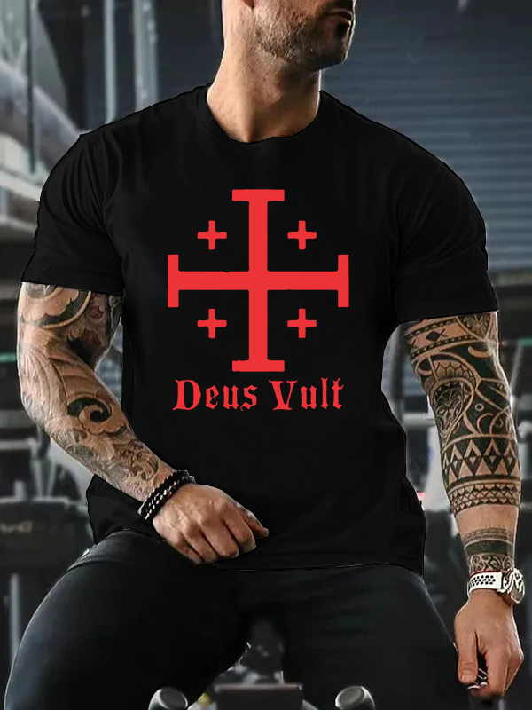 Jerusalem Cross Deus Vult Jesus God Christian Cotton T-Shirt