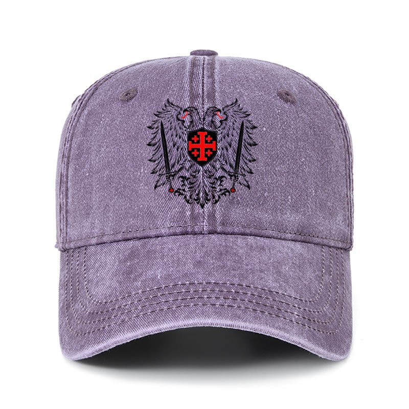 Heritage Washed Cap - Jerusalem Cross – Christian Double-Headed Eagle Warrior - Purple (front)