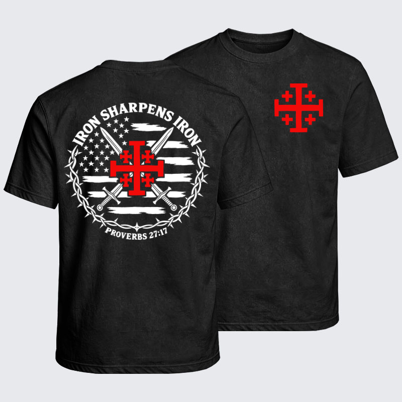 Washed T-Shirt - Iron Sharpens Iron – Jerusalem Cross & American Flag - Black (front and back)