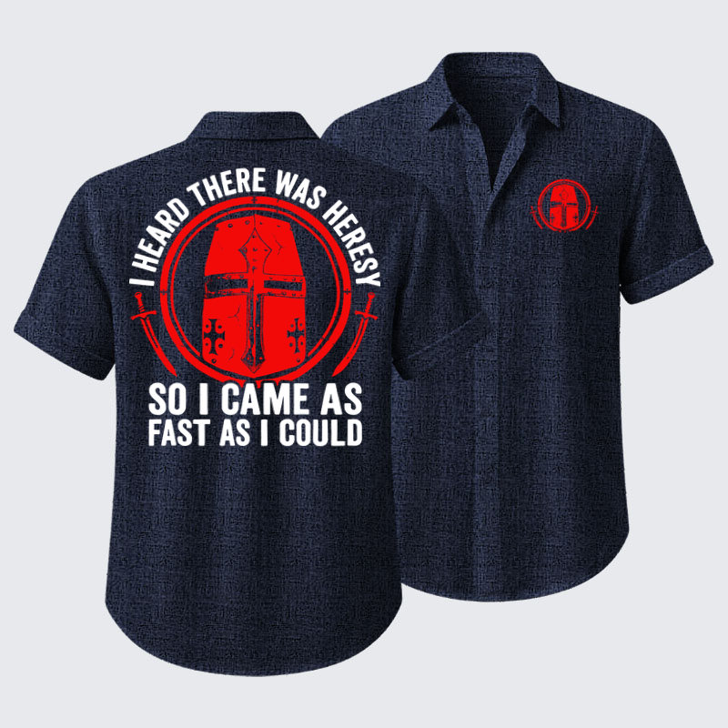 Short Sleeve Casual Shirt - I Heard There Was Heresy. So I Came As Fast As I Could Crusader Joke - Navy blue (front and back)