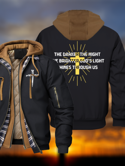 The Darker The Night The Brighter God's Light Shines Through Us Warm Hooded Bomber Jacket