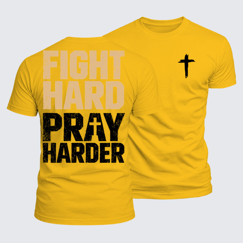 Luxe Mercerized Cotton Tee - Fight Hard Pray Harder - Golden Yellow (front and back)