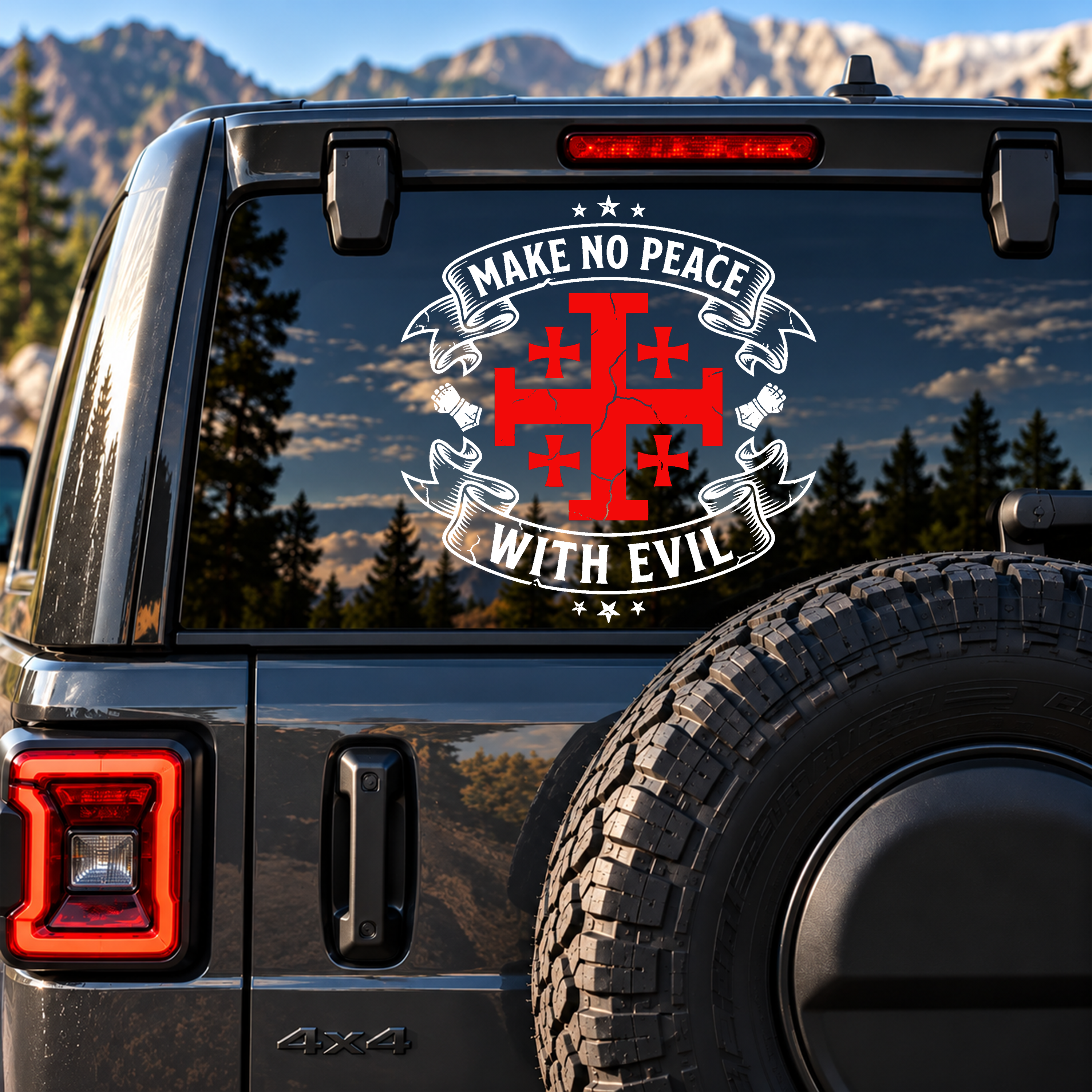 Car & Truck Vinyl Decals  -  Make No Peace with Evil Knight Templar Jerusalem Cross