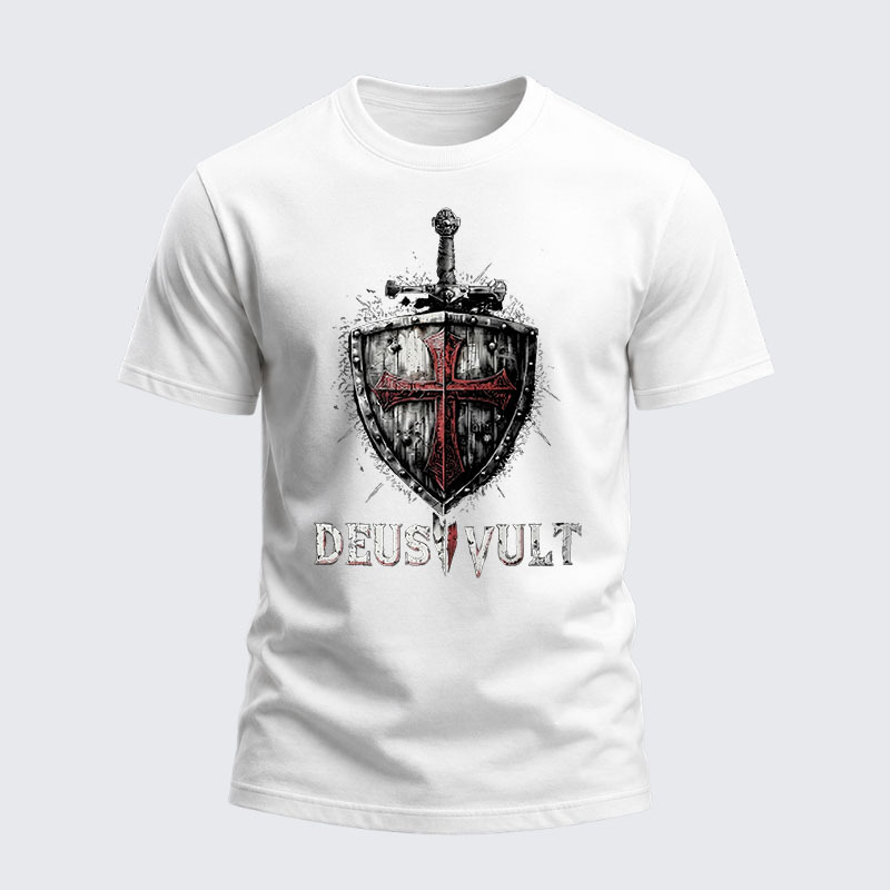 Heavyweight Cotton Tee - Deus Vult Crusader Shield Templar Cross