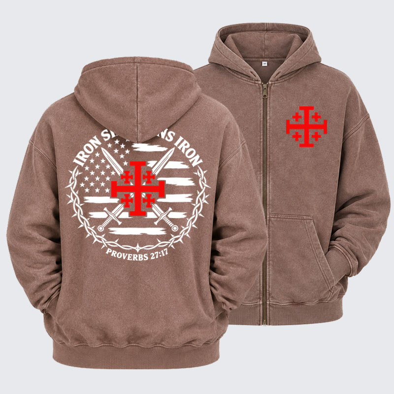 Washed Zip-Up Hoodie - Iron Sharpens Iron – Jerusalem Cross & American Flag - Coffee (front and back)