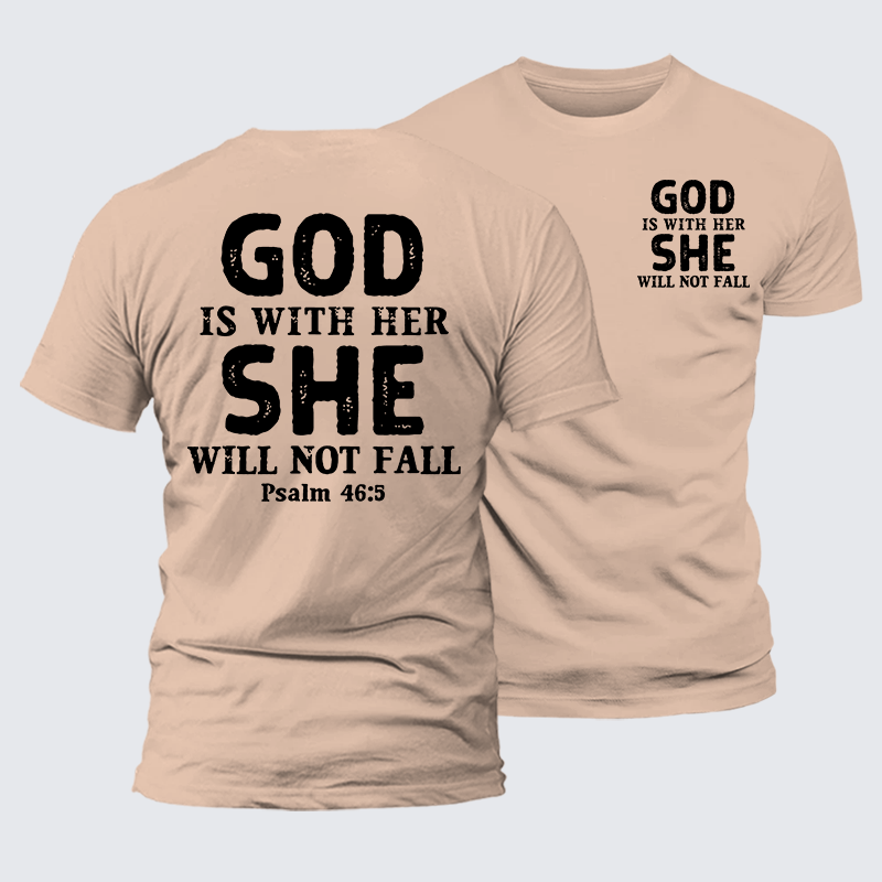 God Is With Her, She Will Not Fall Jesus God Christian Premium Mercerized Cotton Tee