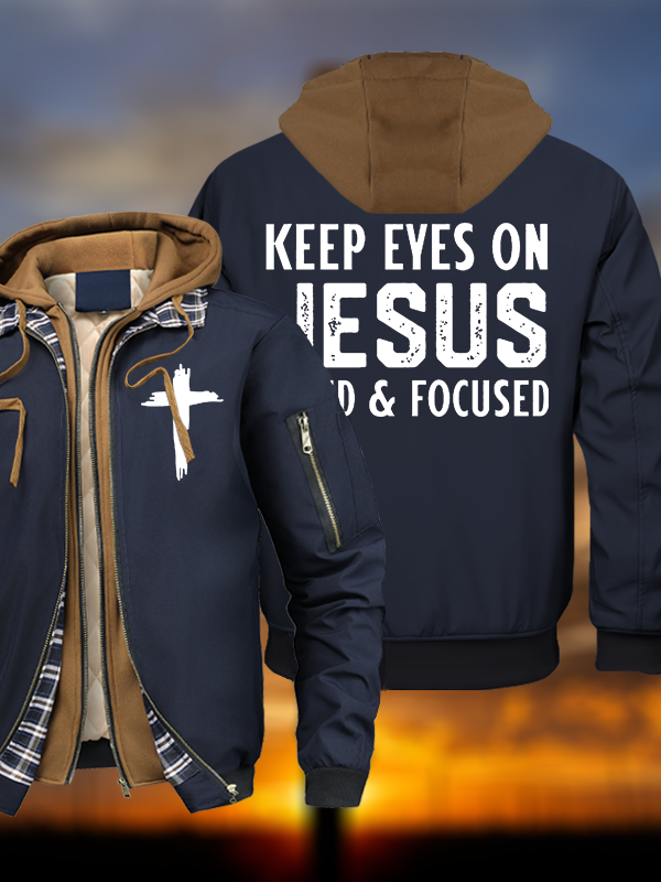 Keep Eyes On Jesus Fixed And Focused Warm Hooded Bomber Jacket