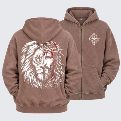 Washed Zip-Up Hoodie - Lion of Judah & Jesus – Crown of Thorns - Coffee (front and back)