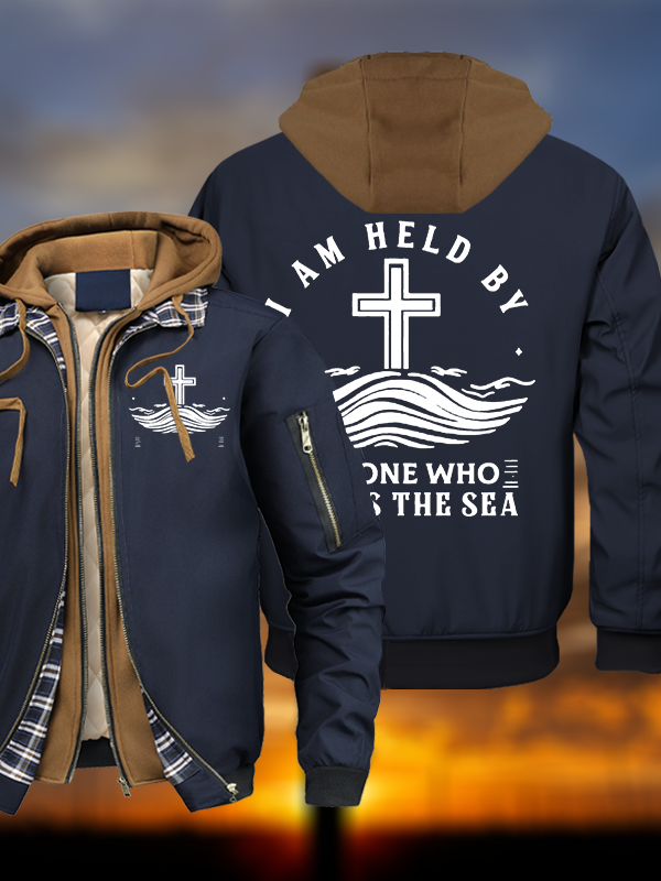 I Am Held By Jesus Who Calms The Sea Warm Hooded Bomber Jacket