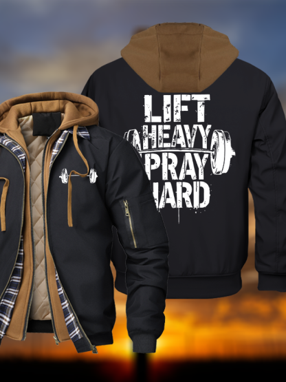 Lift Heavy Pray Hard Warm Hooded Bomber Jacket