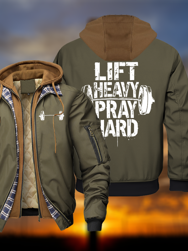 Lift Heavy Pray Hard Warm Hooded Bomber Jacket
