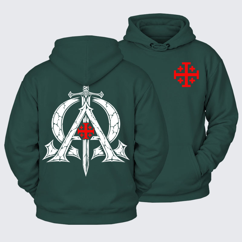 Plush Fleece-Lined Hoodie - Alpha & Omega – Revelation 22:13 Christian Warrior - Eden Green (front and back)