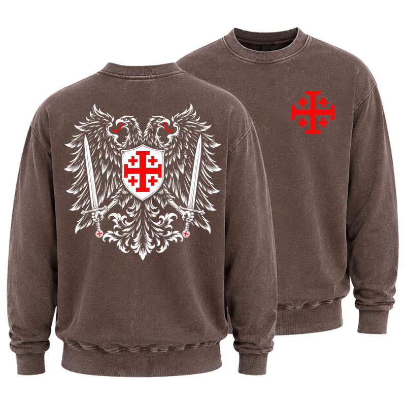 Washed Sweatshirt - Jerusalem Cross – Christian Double-Headed Eagle Warrior - Coffee (front and back)
