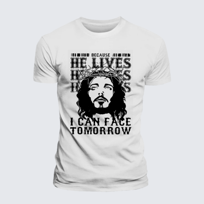 Because He Lives Jesus God Christian Premium Mercerized Cotton Tee