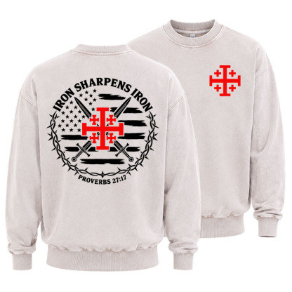 Washed Sweatshirt - Iron Sharpens Iron – Jerusalem Cross & American Flag - Beige (front and back)