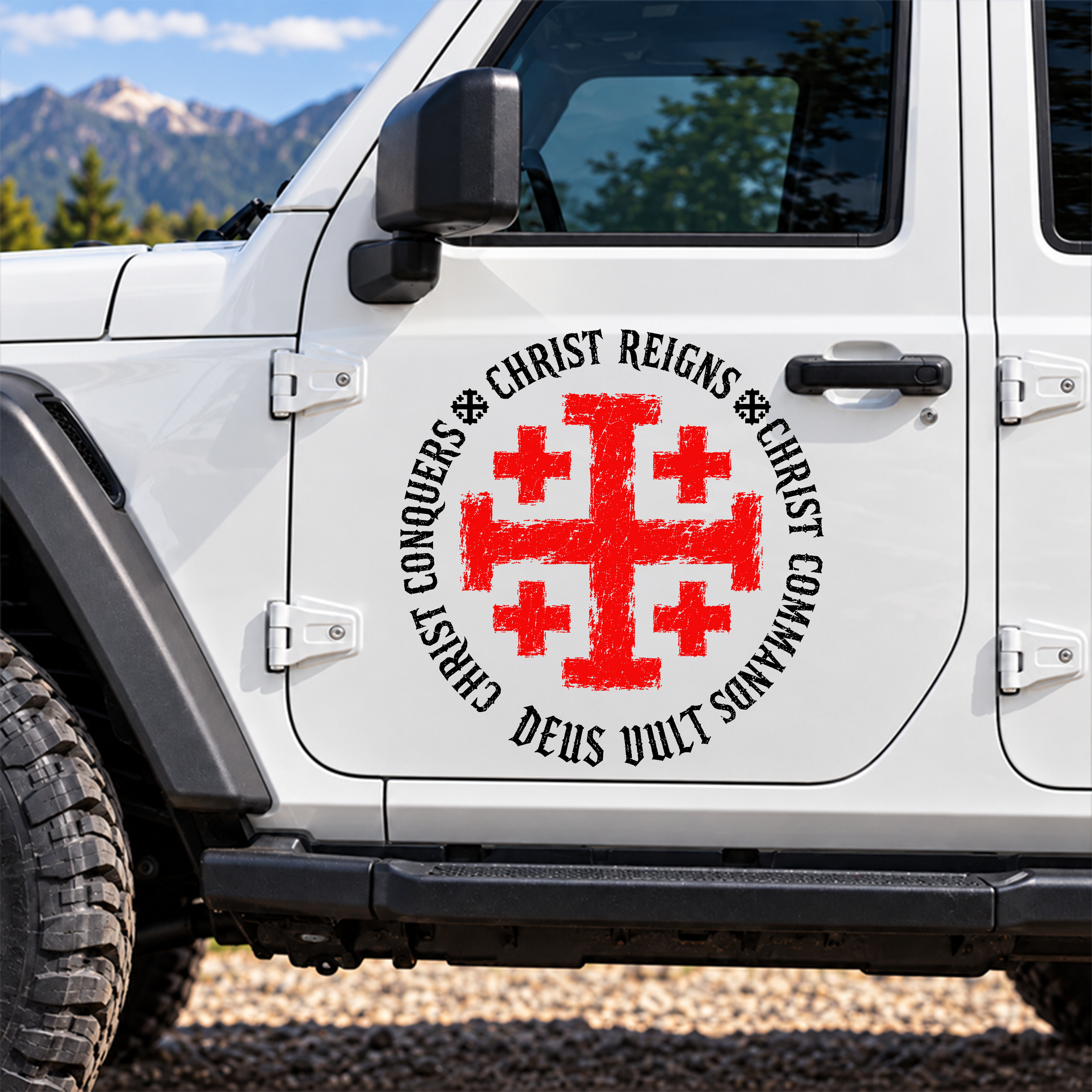Car & Truck Vinyl Decals  - Christ Reigns Christ Conquers Christ Commands Jerusalem Cross