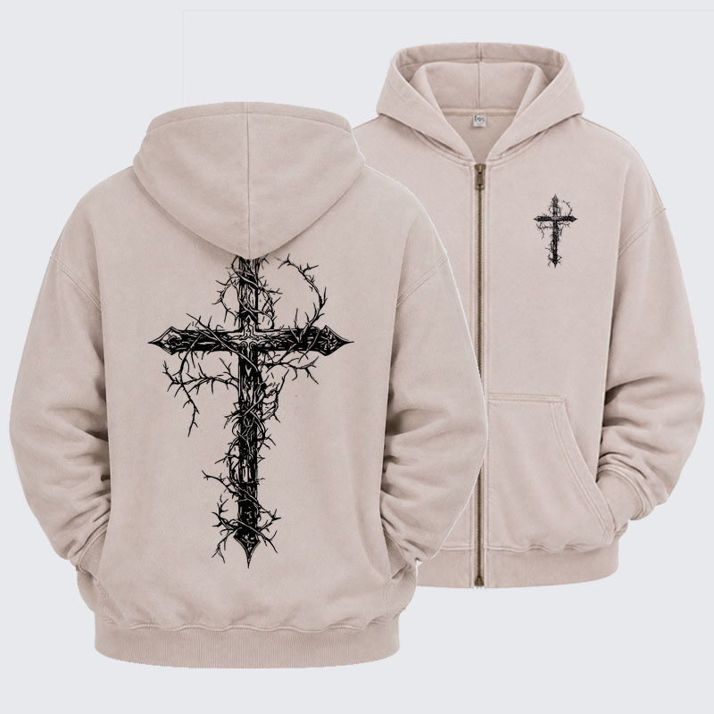 Washed Zip-Up Hoodie - Cross - Beige (front and back)