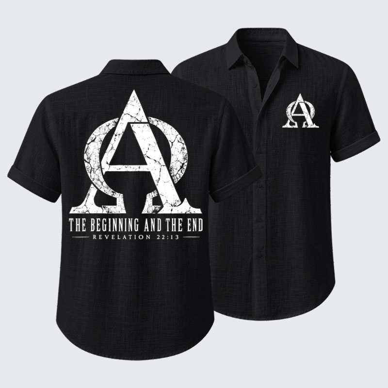 Short Sleeve Casual Shirt - Alpha & Omega – The Beginning and the End - Black (front and back)
