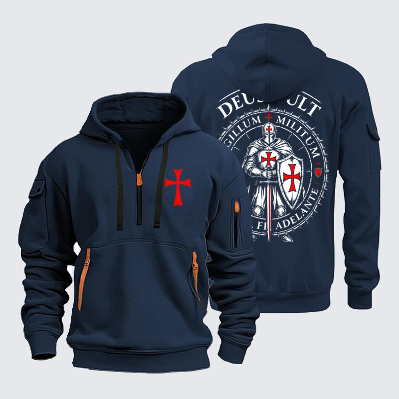 Zipper Hoodies - Deus Vult Templar Knight Seal - Navy (front and back)