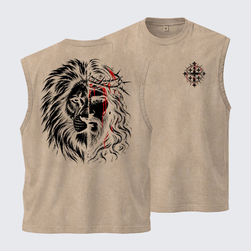 Washed Tank Top - Lion of Judah & Jesus – Crown of Thorns - Khaki (front and back)