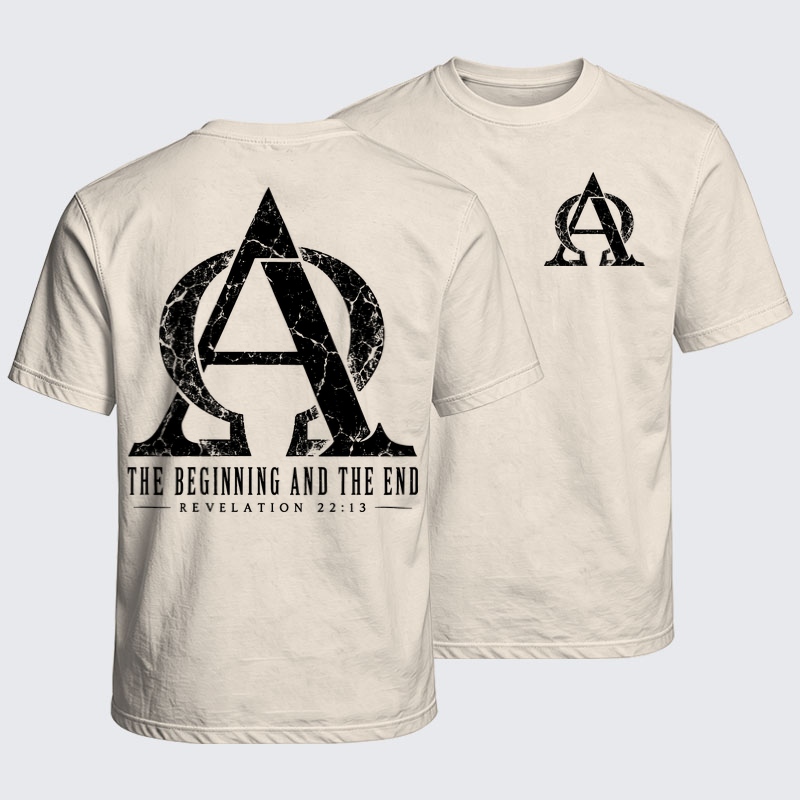 Washed T-Shirt - Alpha & Omega – The Beginning and the End - Beige (front and back)