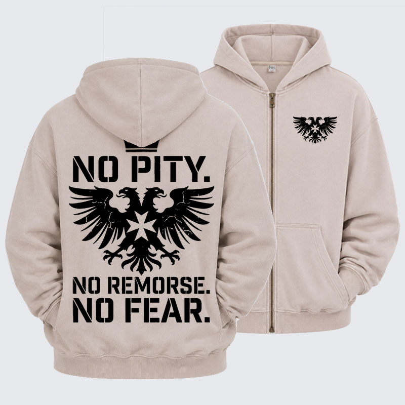 Washed Zip-Up Hoodie - No Pity No Remorse No Fear - Beige (front and back)