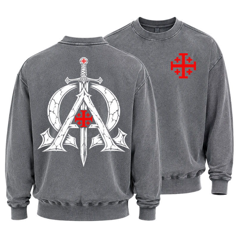 Washed Sweatshirt - Alpha & Omega – Revelation 22:13 Christian Warrior - Grey (front and back)