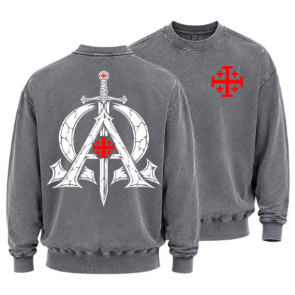 Washed Sweatshirt - Alpha & Omega – Revelation 22:13 Christian Warrior - Grey (front and back)