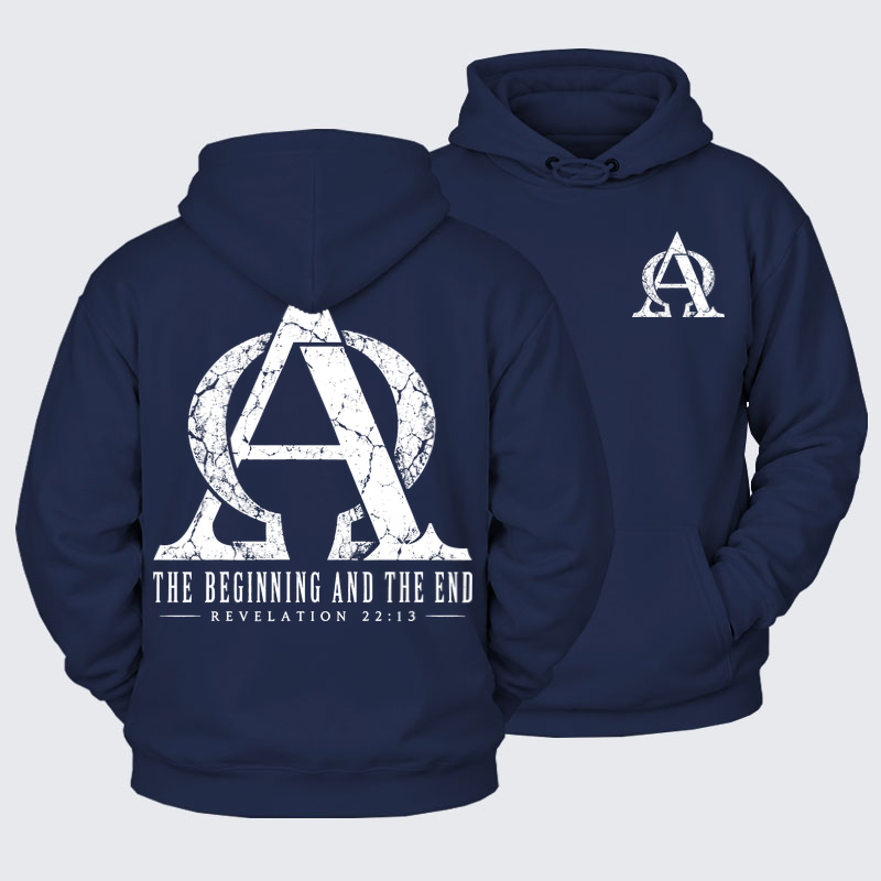 Plush Fleece-Lined Hoodie - Alpha & Omega – The Beginning and the End - Navy Blue (front and back)