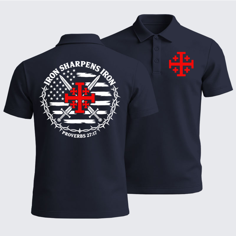 Men’s Premium Cotton Polo Shirt - Iron Sharpens Iron – Jerusalem Cross & American Flag - Navy (front and back)