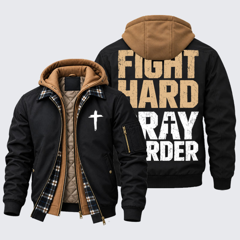 Hooded Bomber Jacket - Fight Hard Pray Harder - Black (front and back)