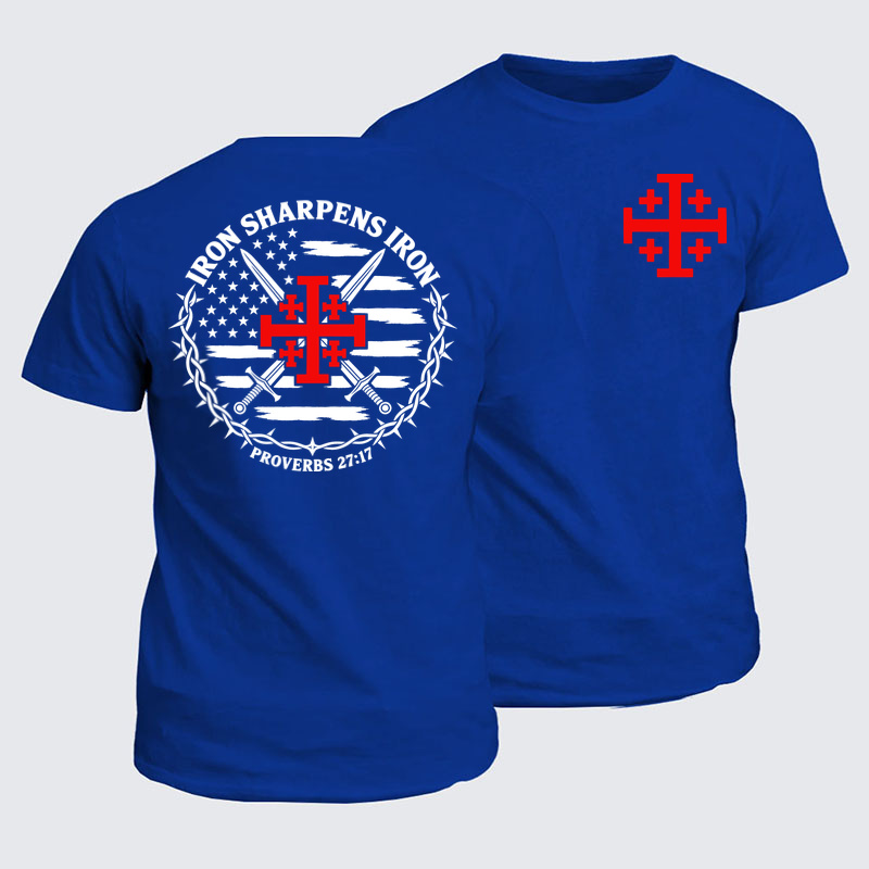 Classic Cotton Tee - Iron Sharpens Iron – Jerusalem Cross & American Flag - Royal Blue (front and back)