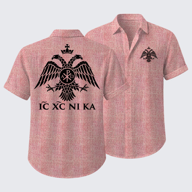 Short Sleeve Casual Shirt - IC XC NIKA – Chi-Rho Double-Headed Eagle - Pink (front and back)