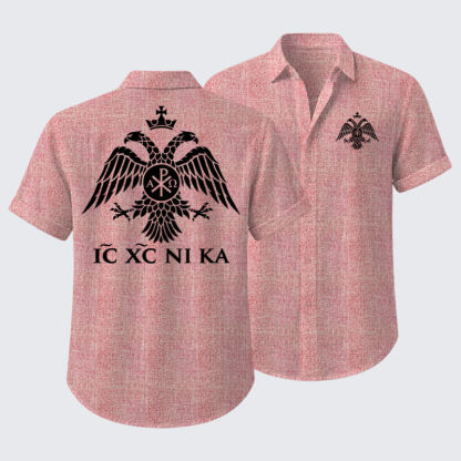 Short Sleeve Casual Shirt - IC XC NIKA – Chi-Rho Double-Headed Eagle - Pink (front and back)