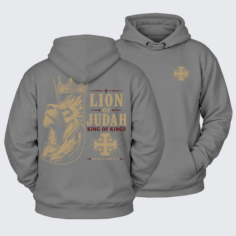 Plush Fleece-Lined Hoodie - Lion of Judah - Ash Gray (front and back)