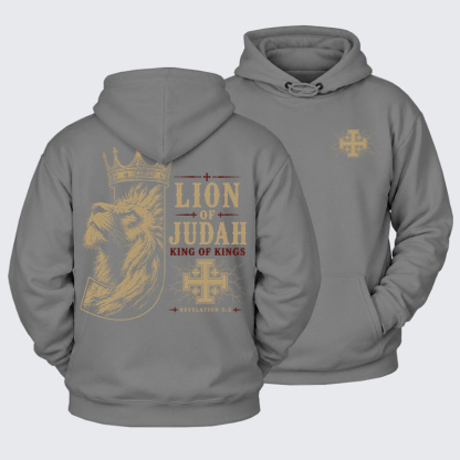 Plush Fleece-Lined Hoodie - Lion of Judah - Ash Gray (front and back)