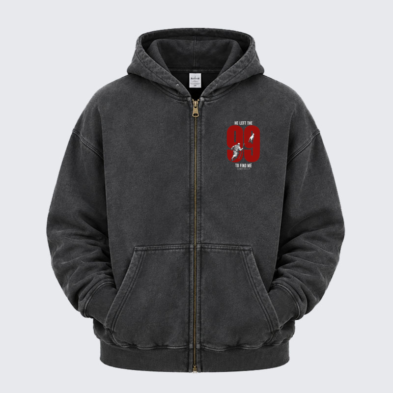 Washed Zip-Up Hoodie - He Left The 99 To Find Me - Black (front)